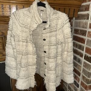FREE PEOPLE Sz Sm Knit Shag Shaggy Sweater Jacket Coat Metal Buttons Soft Boho